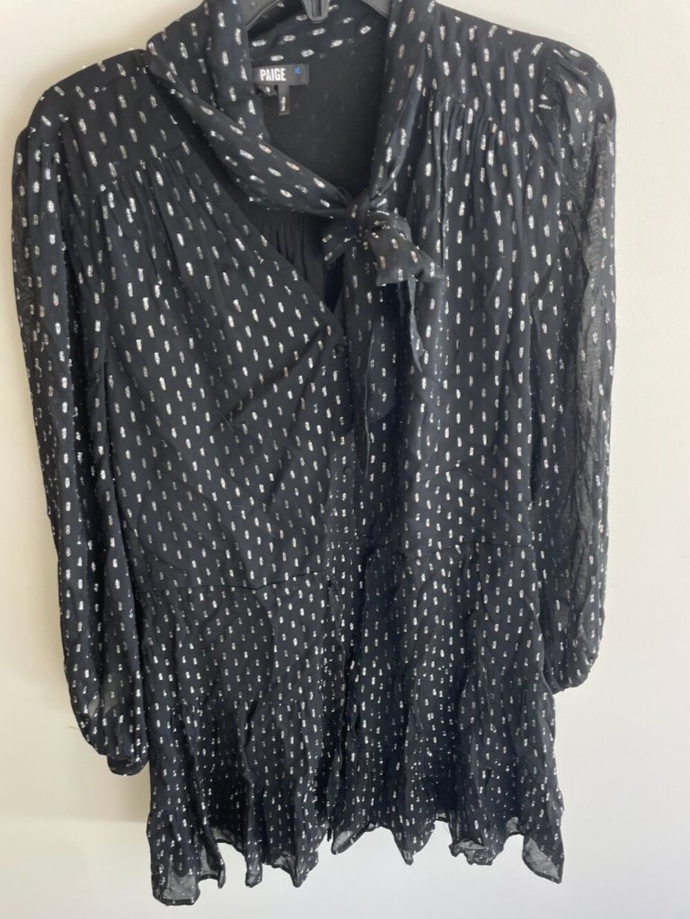 AIGE Cleobelle Sheer Metallic Black Stripe Mini Dress Neck Tie Size Small